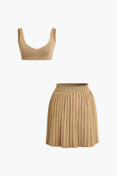 Basic V-neck Bra Top And Pleated Mini Skirt Set