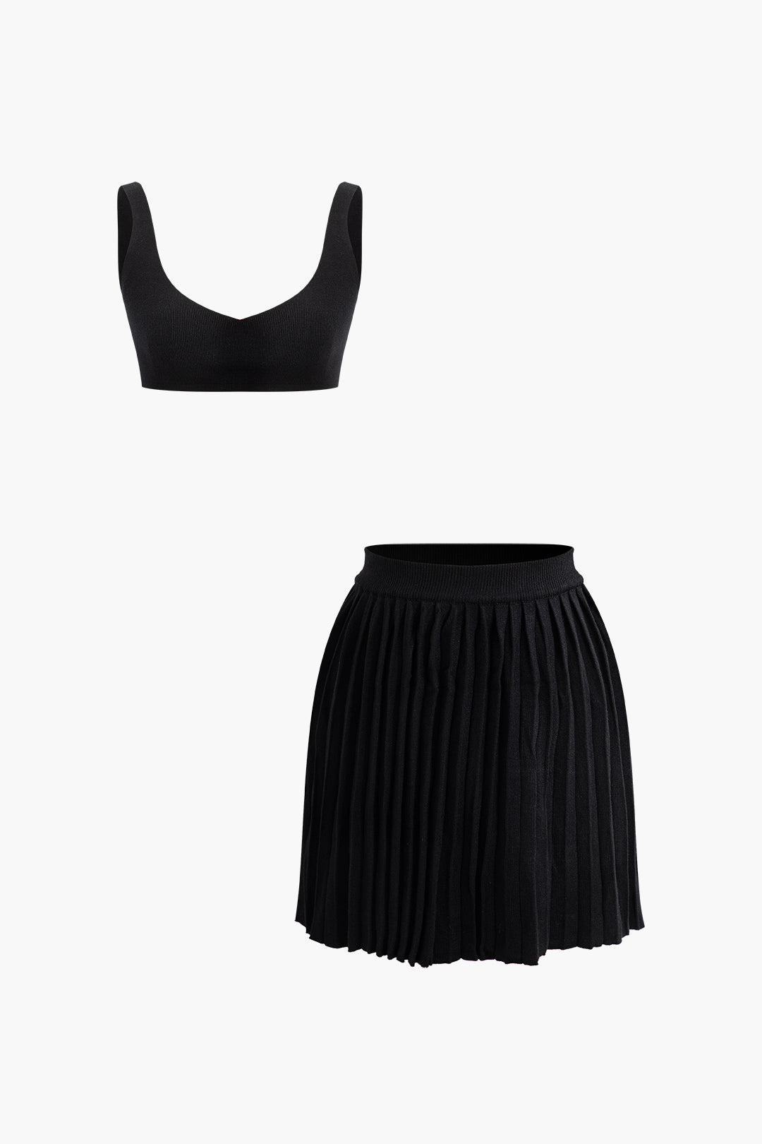 Basic V-neck Bra Top And Pleated Mini Skirt Set