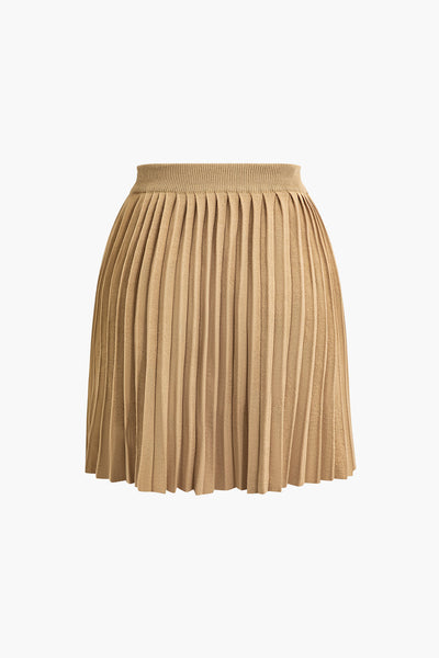 Basic V-neck Bra Top And Pleated Mini Skirt Set