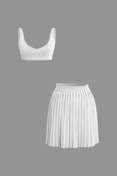 Basic V-neck Bra Top And Pleated Mini Skirt Set